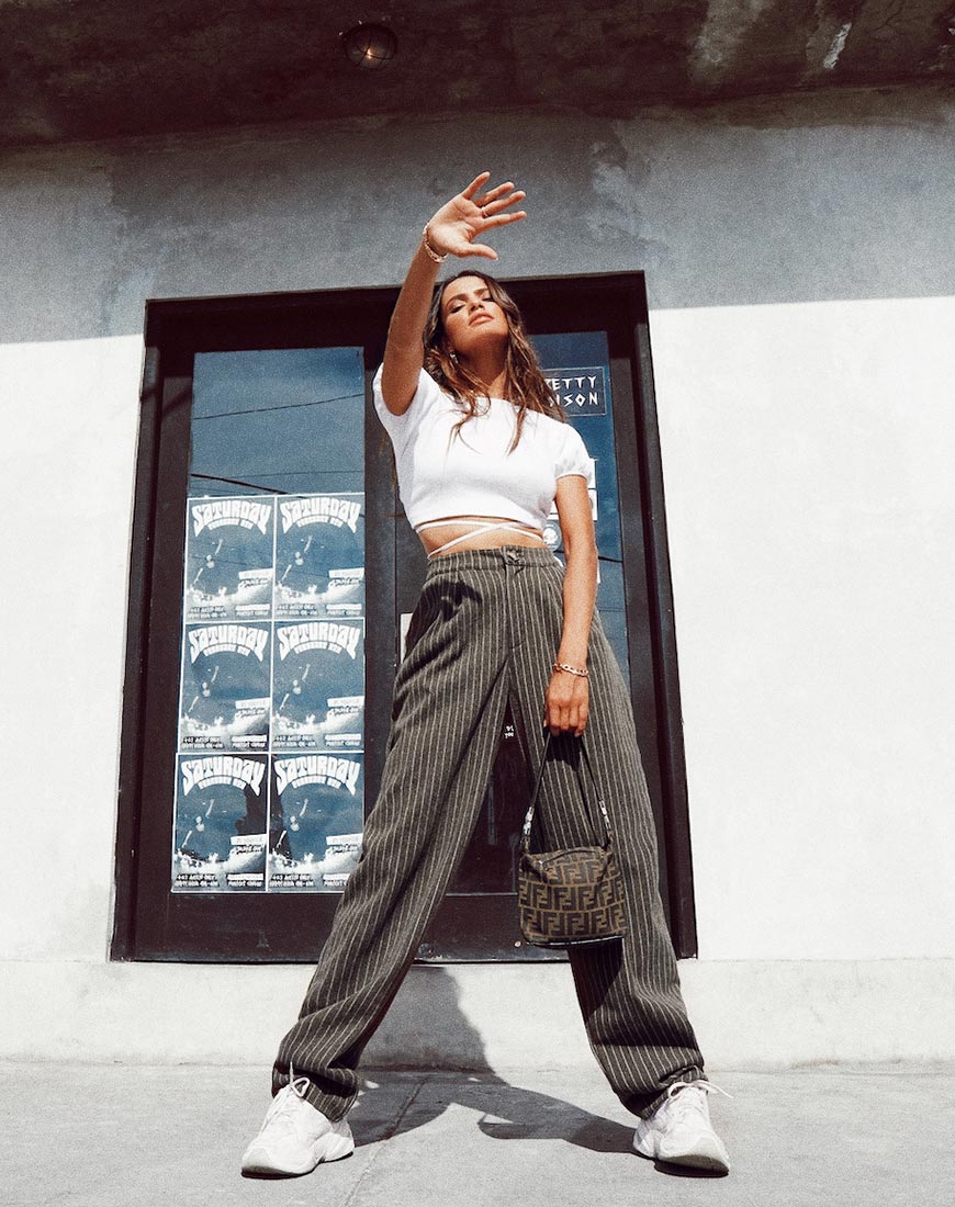 Misha Wide Leg Trouser in Pinstripe Charcoal - Image 2