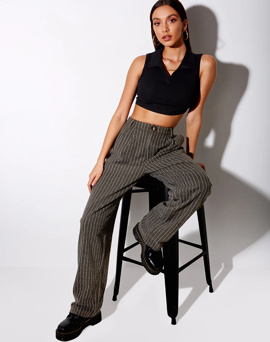 Misha Wide Leg Trouser in Pinstripe Charcoal - Image 3