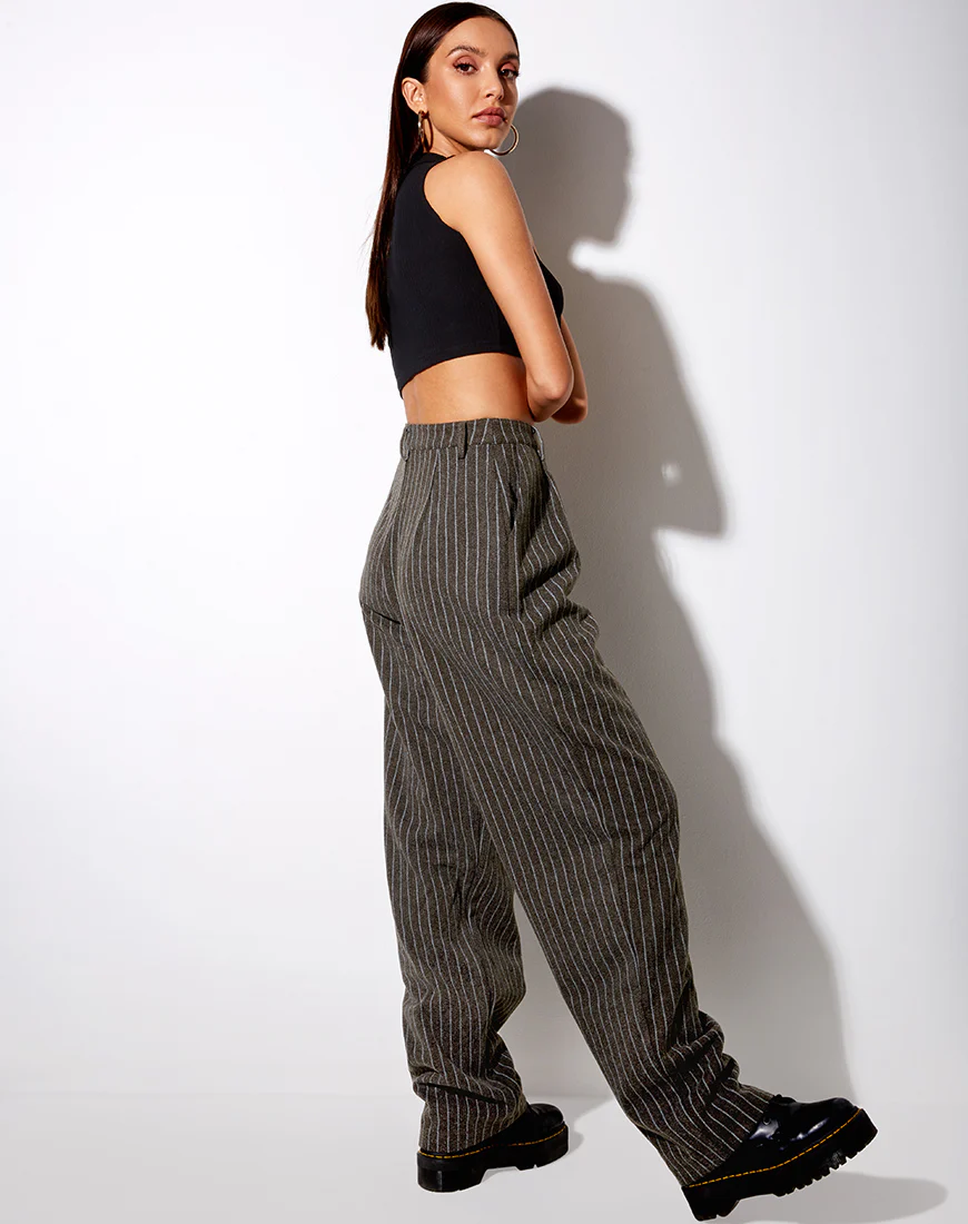 Misha Wide Leg Trouser in Pinstripe Charcoal - Image 4