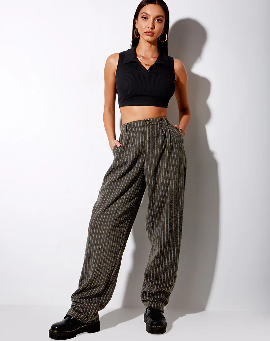 Misha Wide Leg Trouser in Pinstripe Charcoal - Image 5