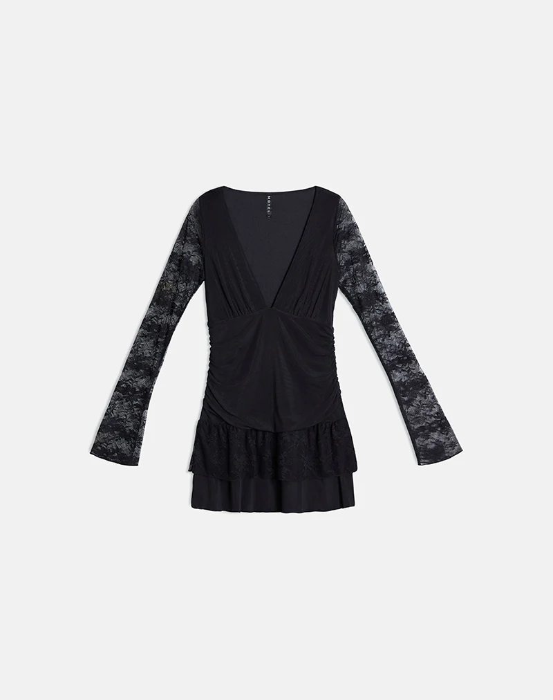 Mishal Long Sleeve Plunge Mini Dress in Lace Black - Image 4