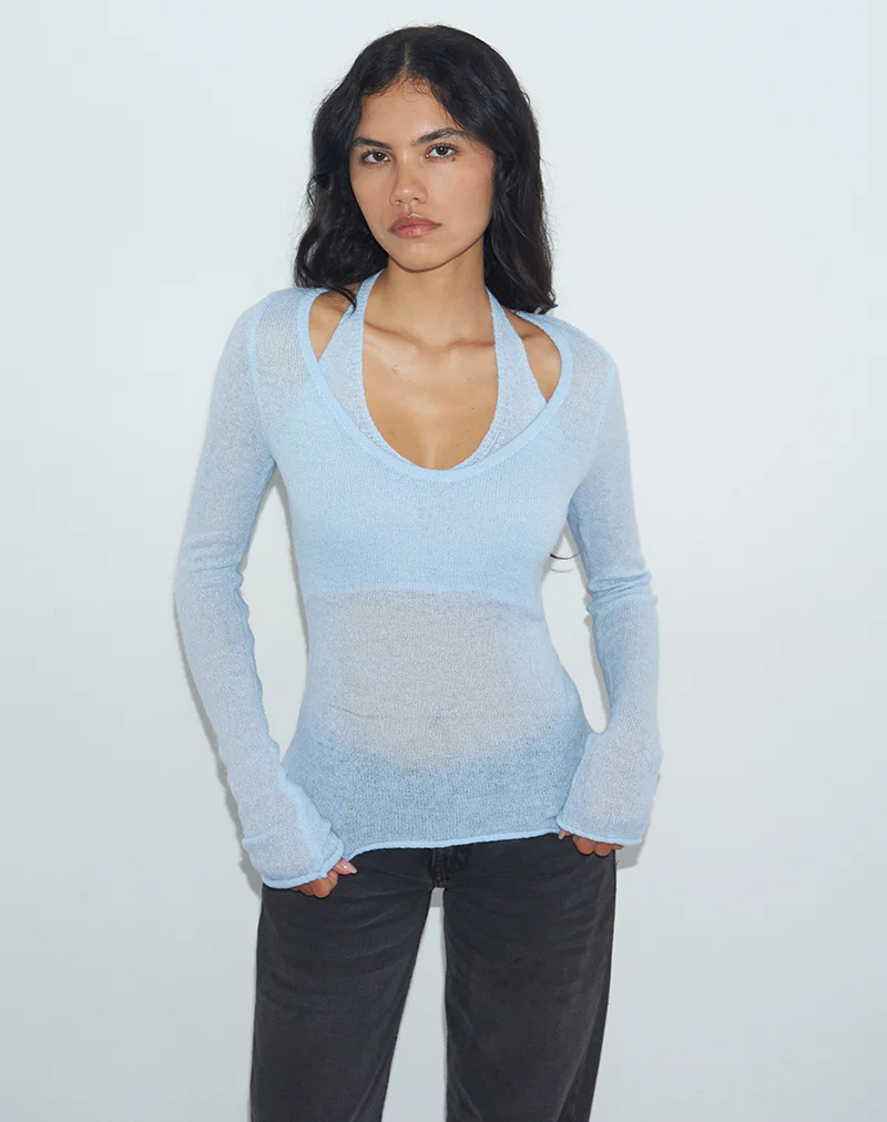 Misora Long Sleeve Top in Sheer Knit Blue - Image 2