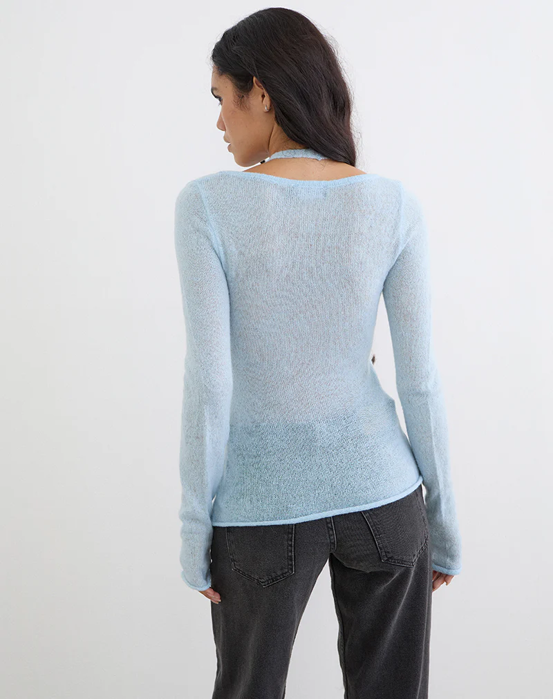Misora Long Sleeve Top in Sheer Knit Blue - Image 4
