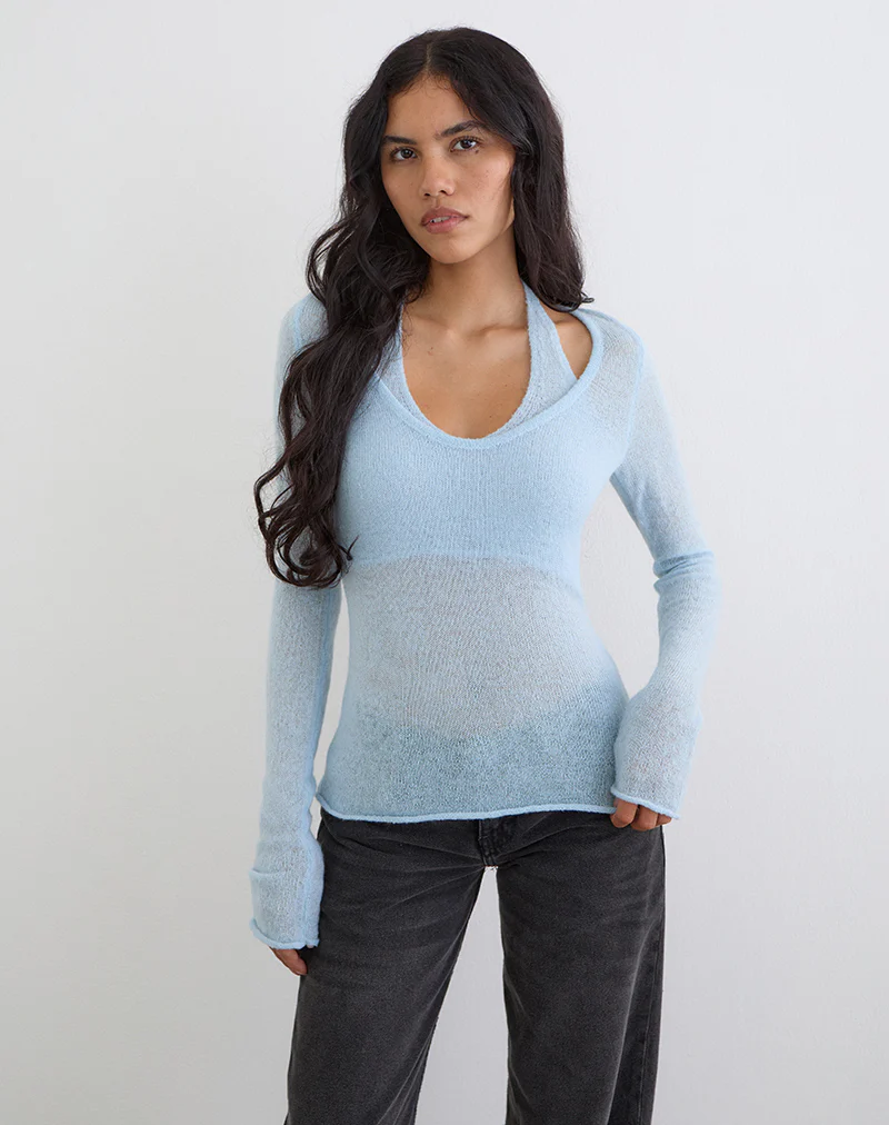 Misora Long Sleeve Top in Sheer Knit Blue - Image 5