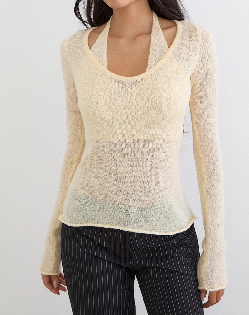 Misora Long Sleeve Top in Sheer Knit Lemon - Image 2