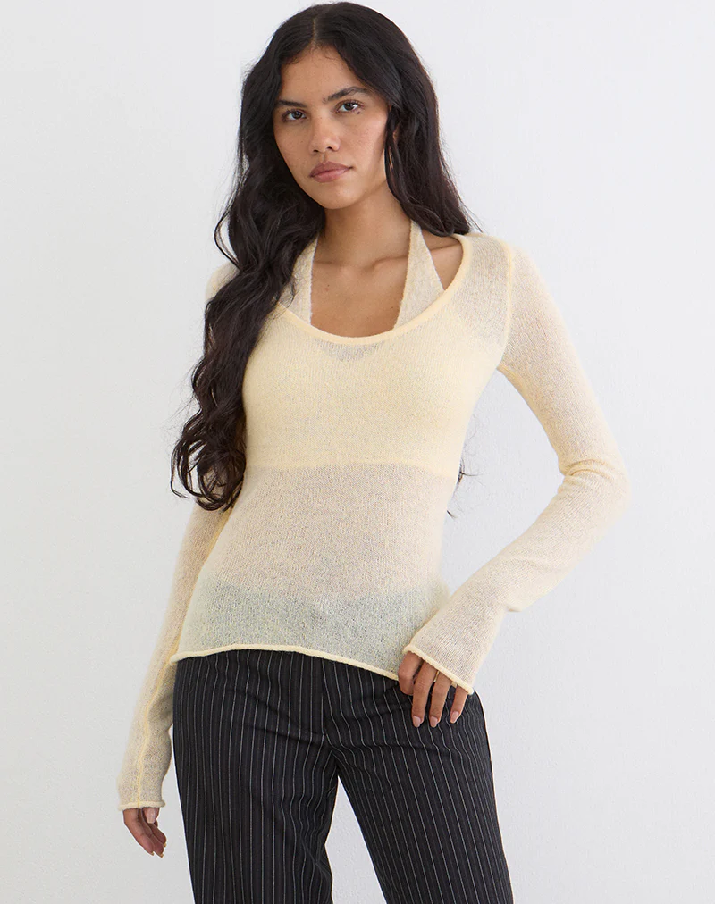 Misora Long Sleeve Top in Sheer Knit Lemon - Image 4
