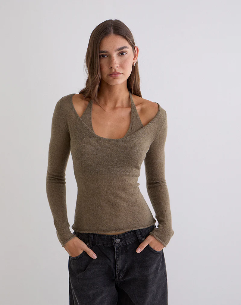 Misora Long Sleeve Top in Sheer Knit Taupe - Image 2