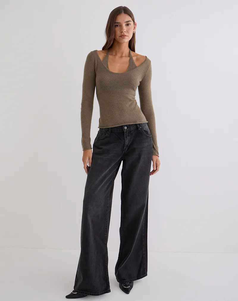 Misora Long Sleeve Top in Sheer Knit Taupe - Image 3