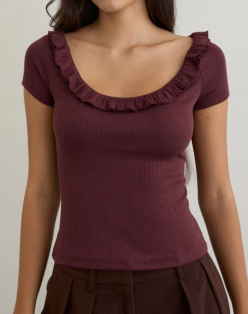 Mitali Top with Ruffle in Pointelle Burgundy - Image 2