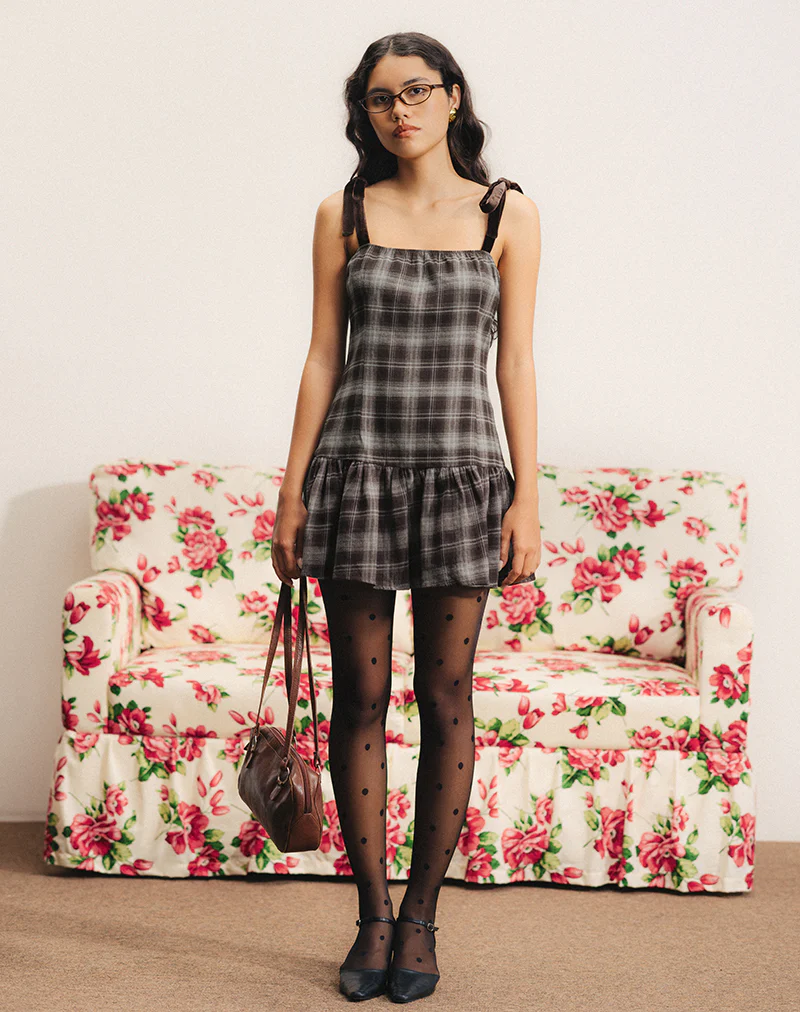 Miyori Square Neck Mini Dress in Grey Check - Image 2