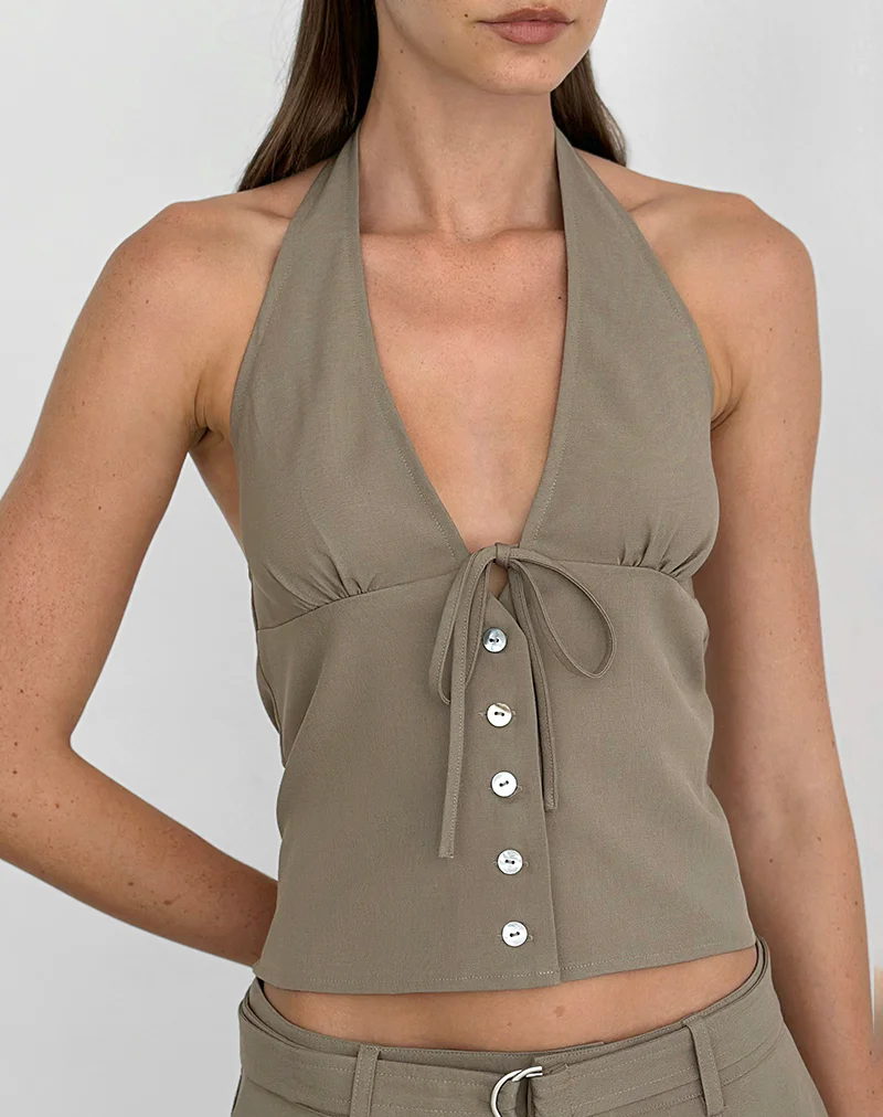 Miyuki Tie Front Halterneck Top in Tailoring Dark Beige - Image 3