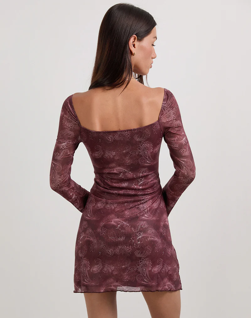 Modena Long Sleeve Mini Dress in Tonal Paisley Plum - Image 4