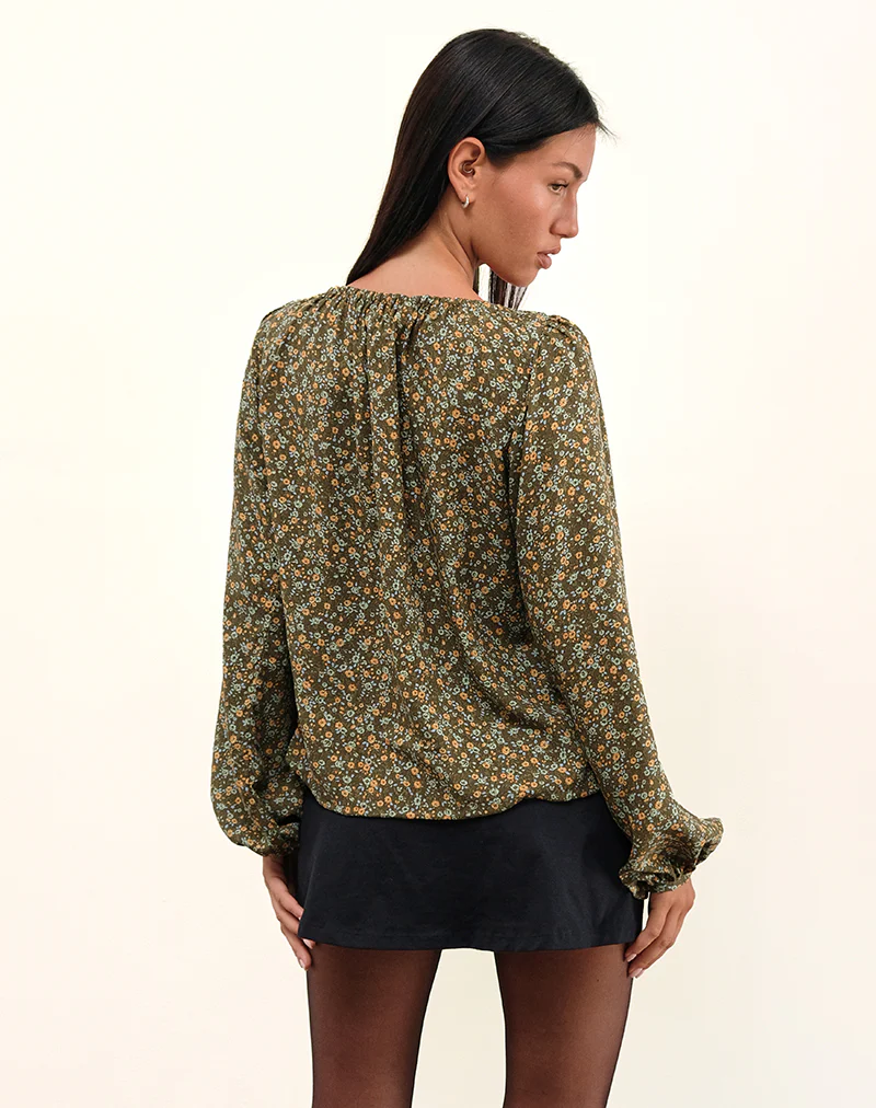 Modeta Tie Top in Grunge Floral Khaki - Image 4