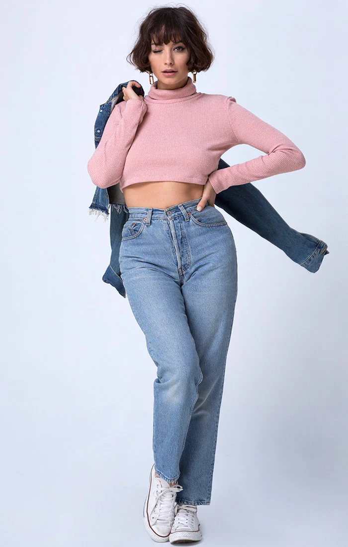 Moeena High Neck Top in Knit Crinkle Rib Pink - Image 3