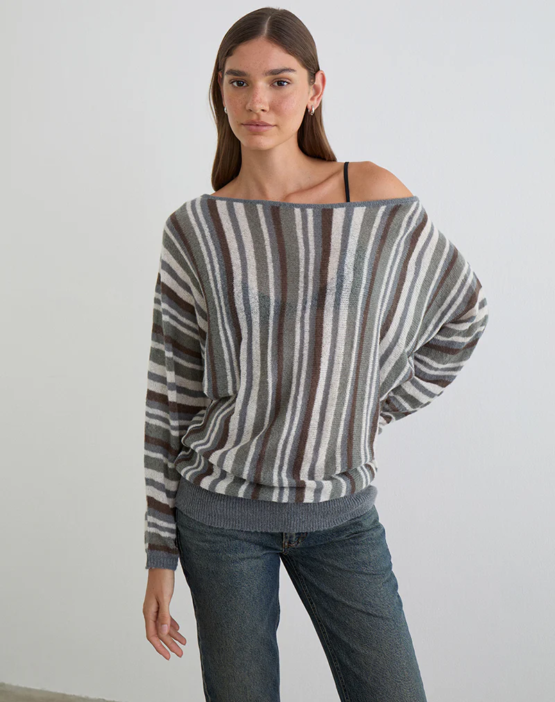 Monara Off Shoulder Knit Top in Big Stripe Grey - Image 2