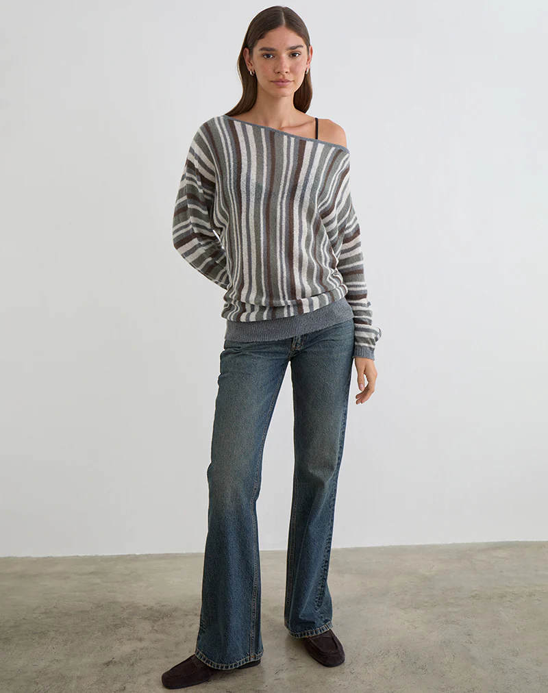 Monara Off Shoulder Knit Top in Big Stripe Grey - Image 3