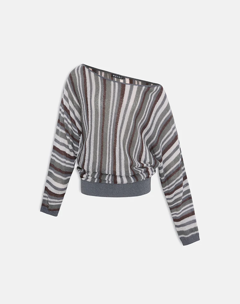 Monara Off Shoulder Knit Top in Big Stripe Grey - Image 4
