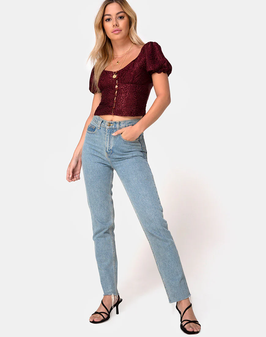 Monda Top in Satin Cheetah Burgundy - Image 3
