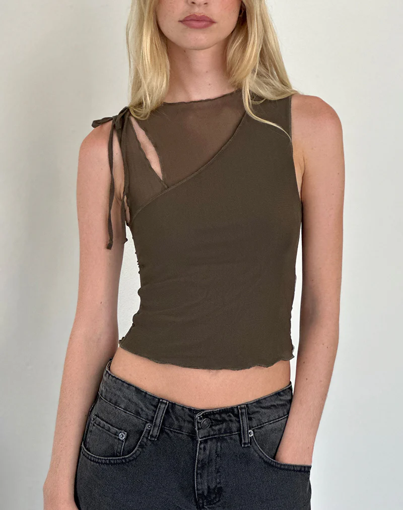 Moni Tie Tank Top in Mesh Khaki - Image 2