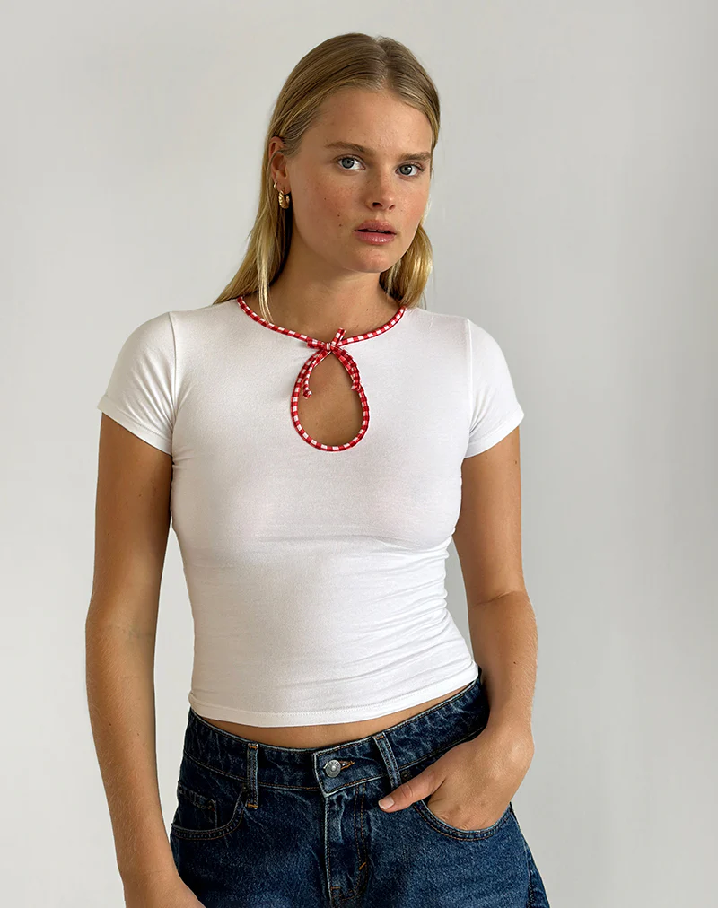 Monsel Tie Front Top in White with Red Gingham Binding - Image 2