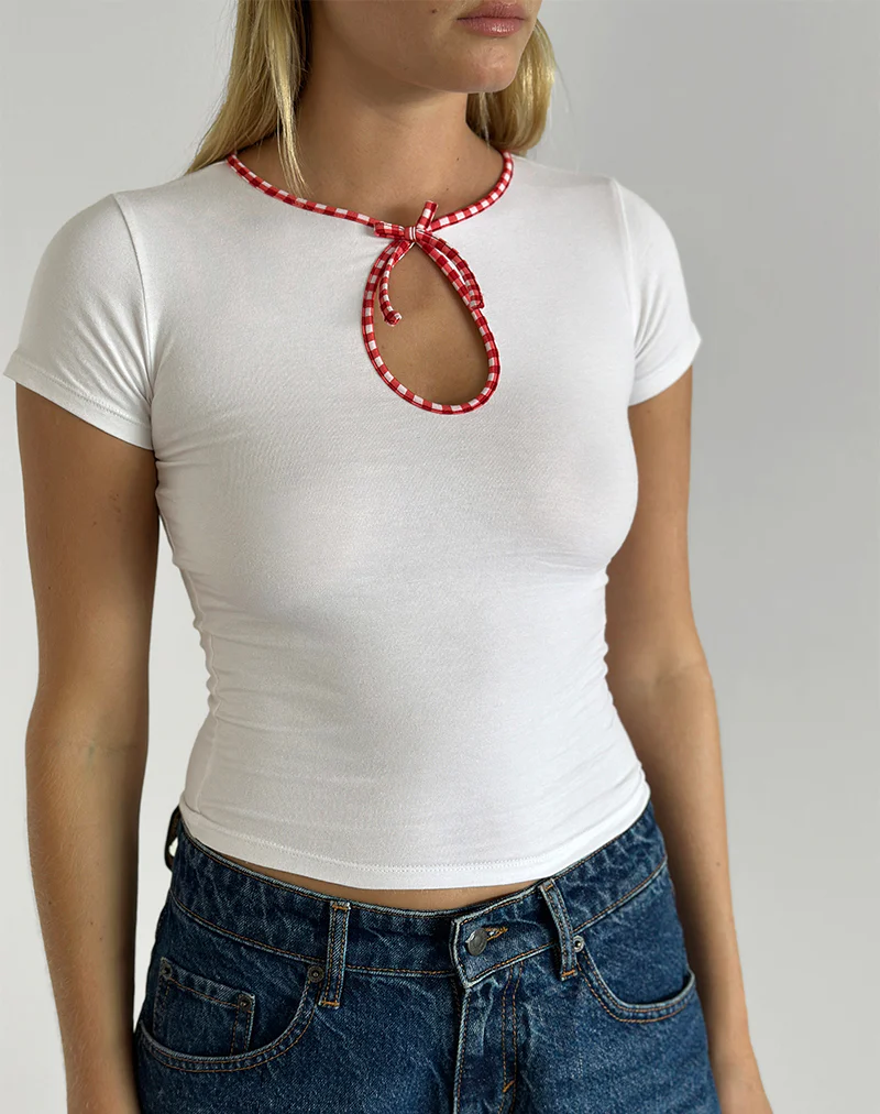 Monsel Tie Front Top in White with Red Gingham Binding - Image 4