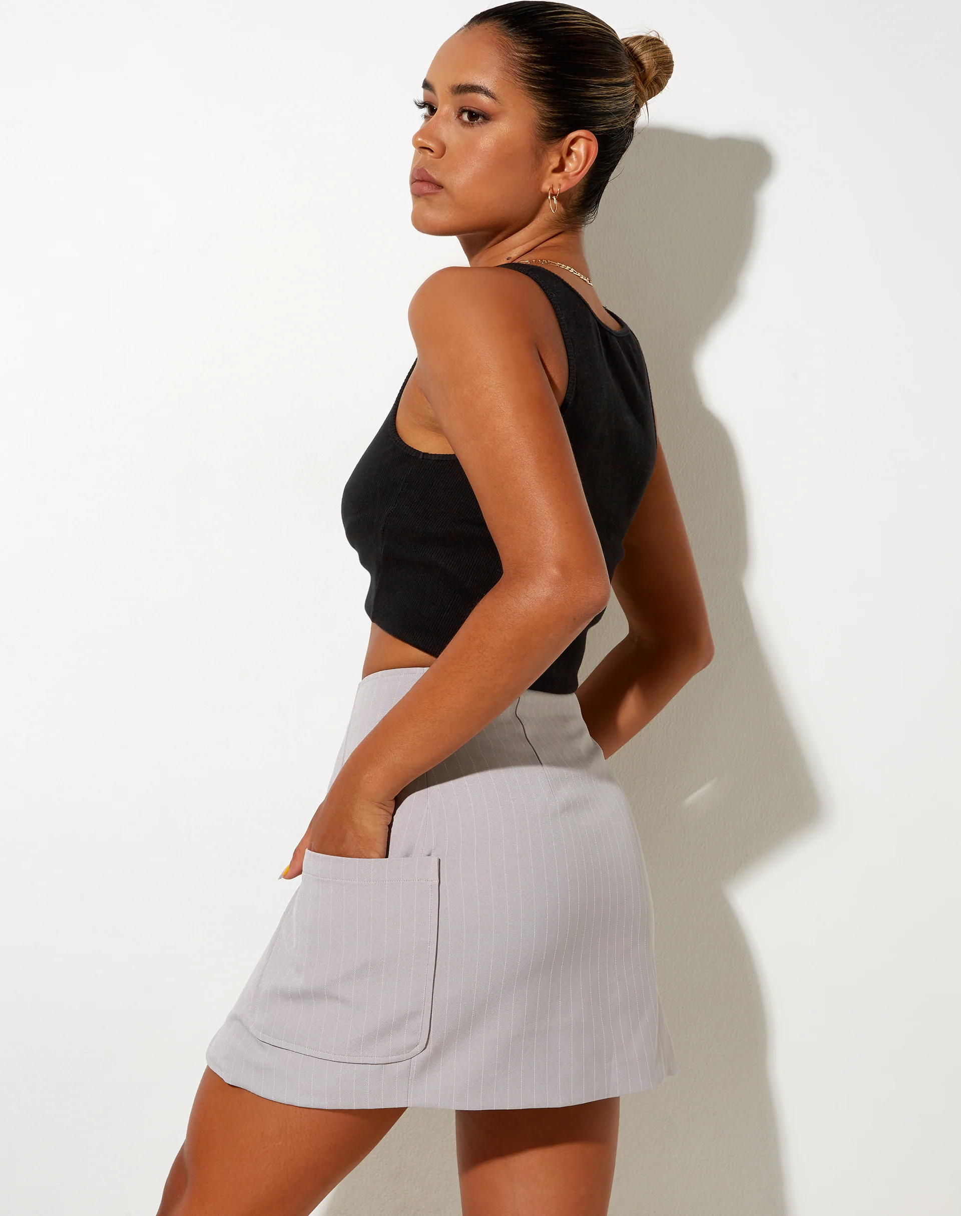 Morica Mini Skirt in Pinstripe Silver Grey - Image 4