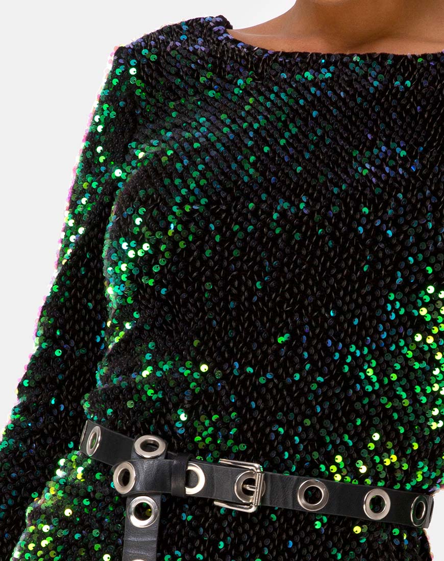 MOTEL DELUXE Gabby Sequin Plunge Back Dress in Iridescent Green - Image 5