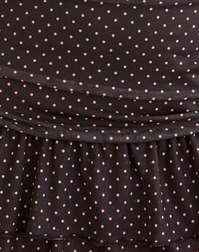 Mowgli Cap Sleeve Mini Dress in Brown with Micro Polka Pink Print - Image 7
