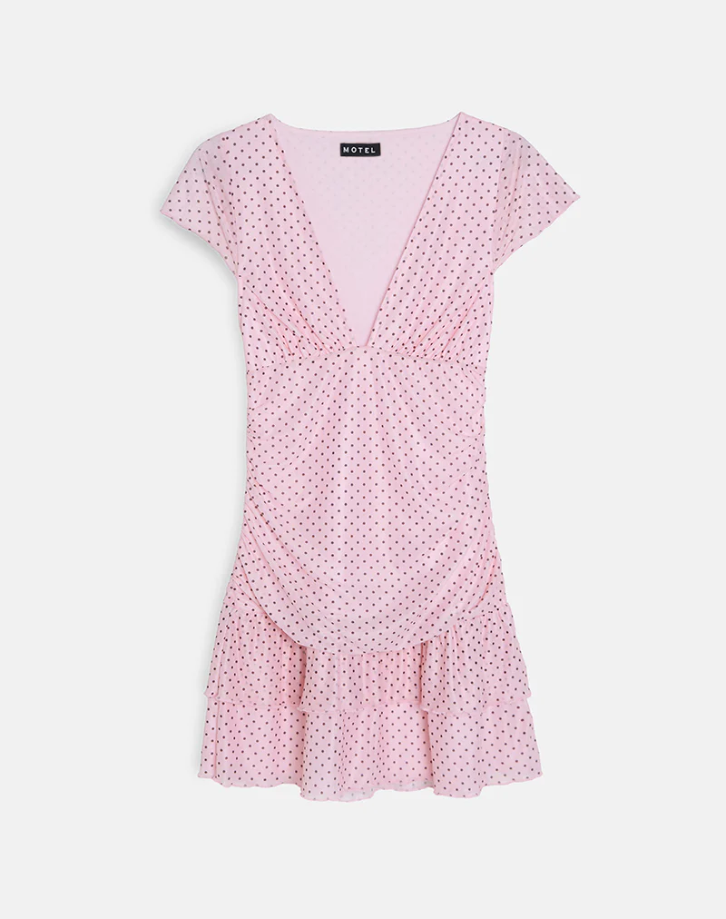 Mowgli Cap Sleeve Mini Dress in Baby Pink with Micro Polka Black - Image 2