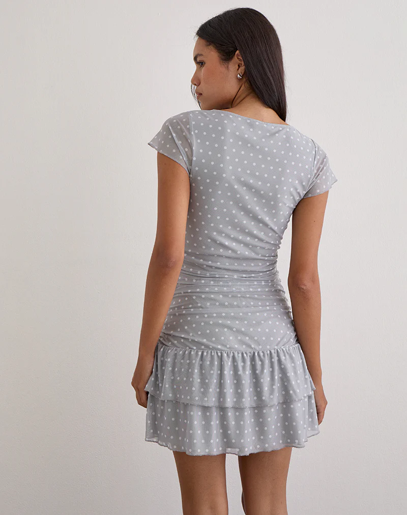 Mowgli Cap Sleeve Mini Dress in Grey with Micro White Polka - Image 5
