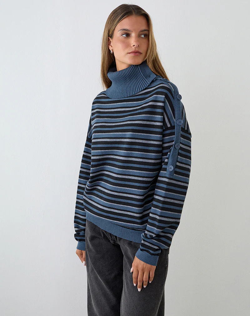 Muniar Jumper in Knit Stripe Blue Grey - Image 4