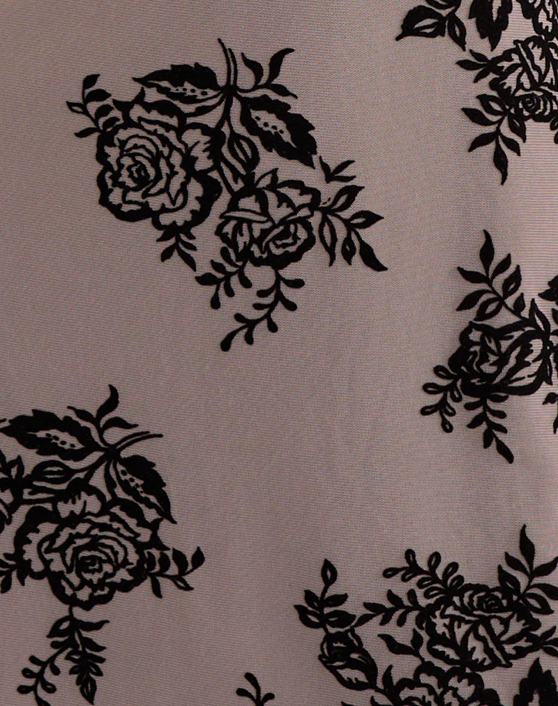 Musetti Mini Dress in Taupe Grey with Bold Floral Flock - Image 5