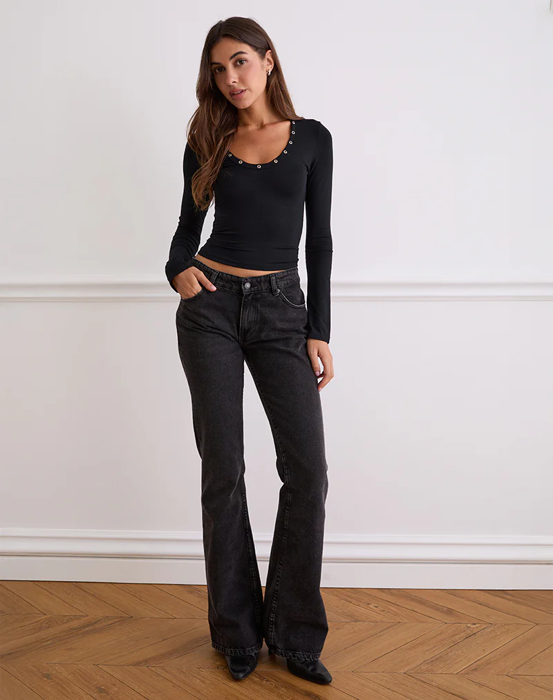 Myoga Studded Scoop Long Sleeve Top in Black - Image 2