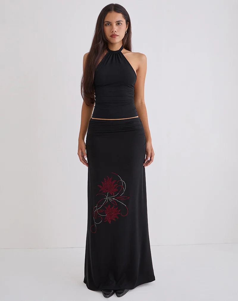 Naisra Maxi Skirt in Cupro Diamante Flower Black - Image 2