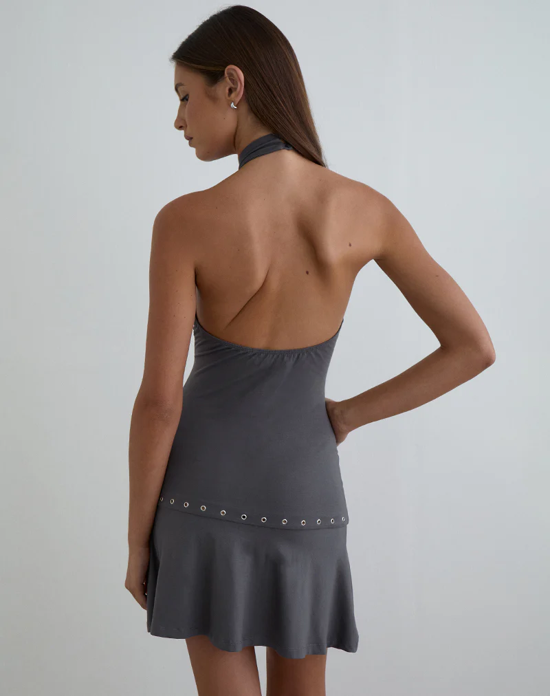 Nakime Halter Mini Dress with Eyelets in Jersey Charcoal Grey - Image 4