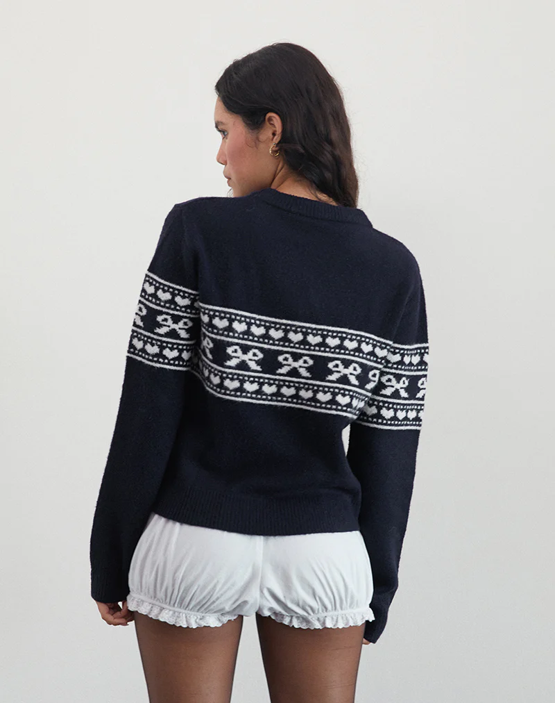 Namirta Knitted Jumper in Peacoat with Fairisle Bow - Image 3