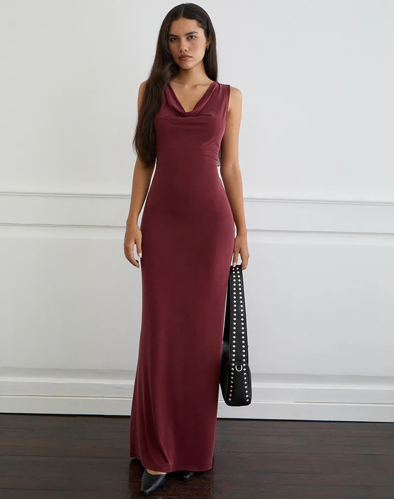 Namra Cowl Neck Maxi Dress in Cupro Burgundy - Image 2