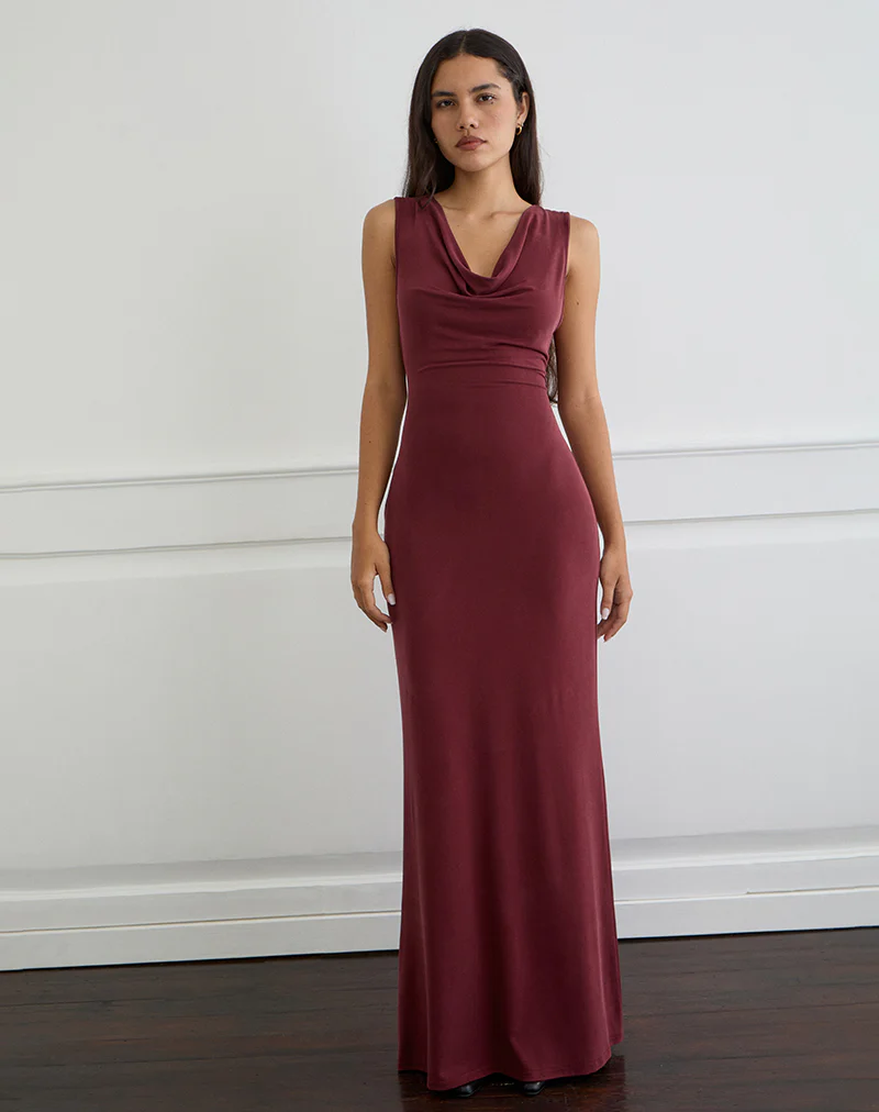 Namra Cowl Neck Maxi Dress in Cupro Burgundy - Image 4