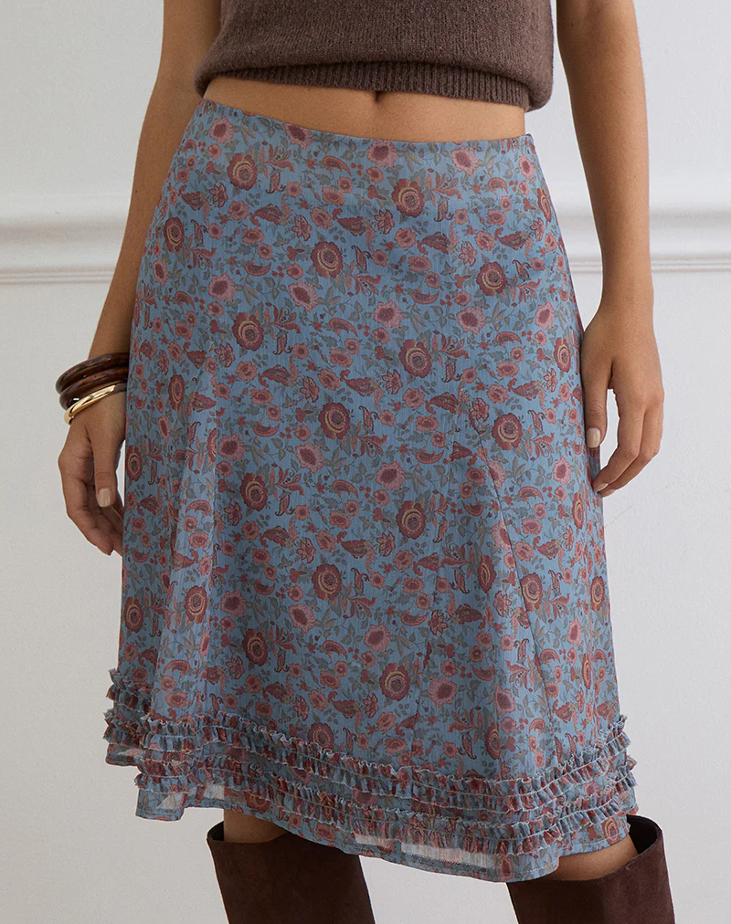 Nanami Midi Skirt in Shadow Blossom Blue Chiffon - Image 2