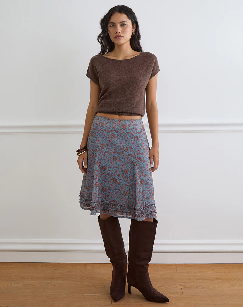 Nanami Midi Skirt in Shadow Blossom Blue Chiffon - Image 5