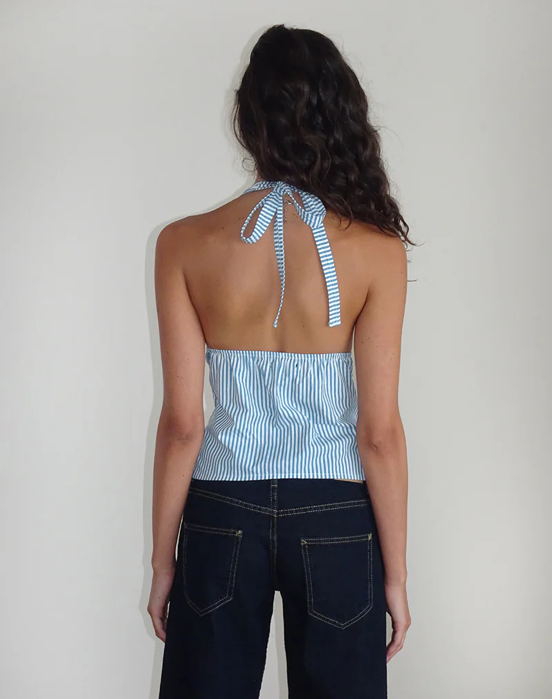 Nandu Top in Poplin Blue Small Vertical Stripe - Image 2
