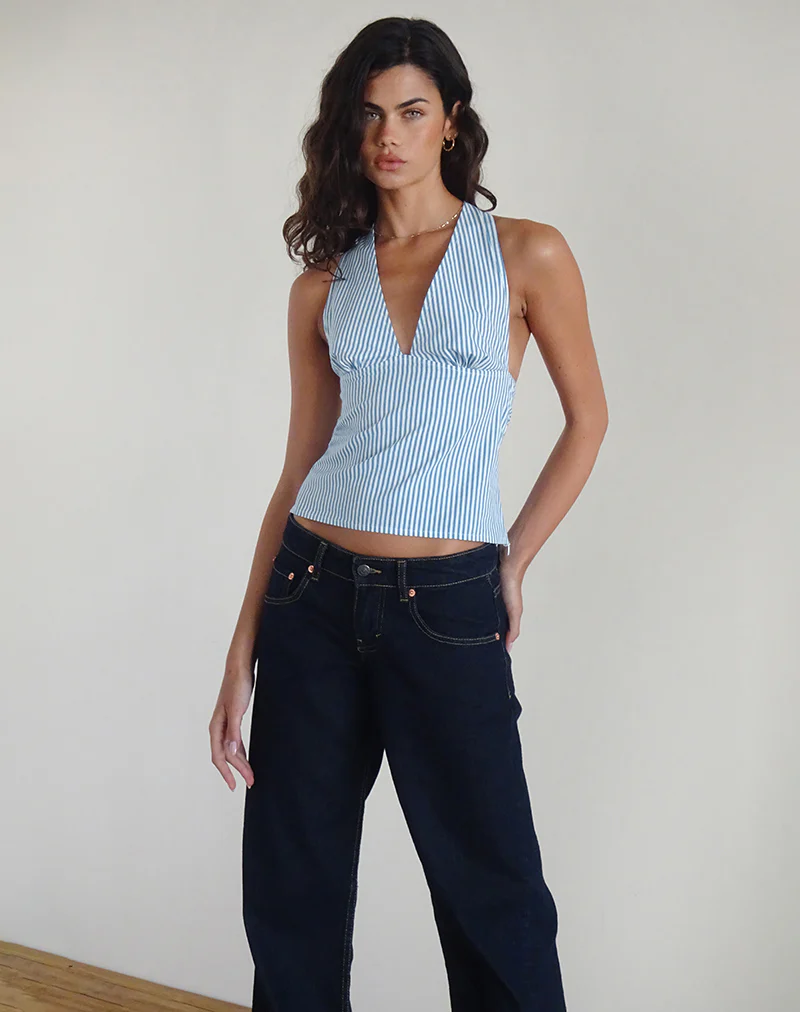Nandu Top in Poplin Blue Small Vertical Stripe - Image 4
