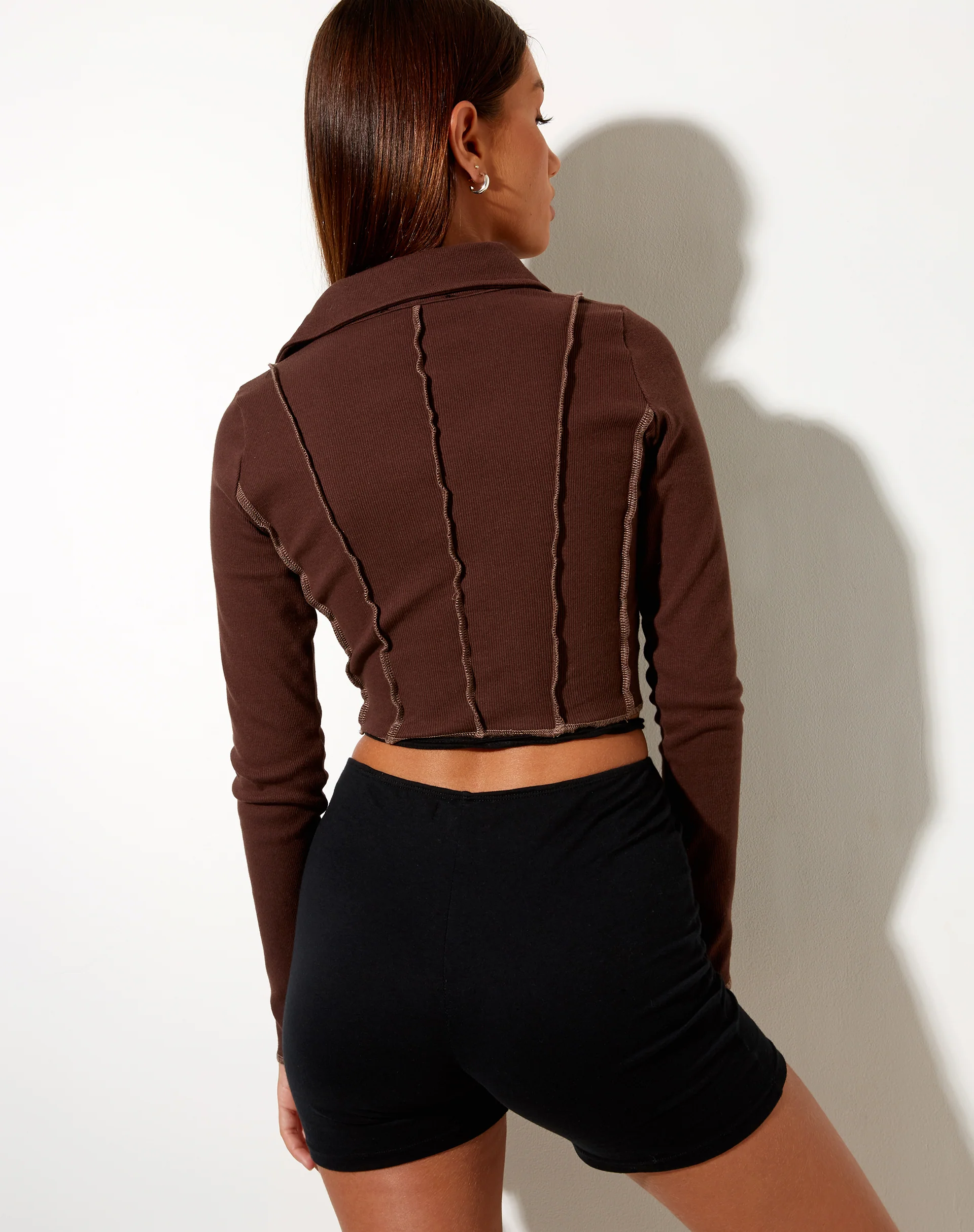 Nandy Crop Top in Rib Deep Mahogany with Brown Stitching - Image 2