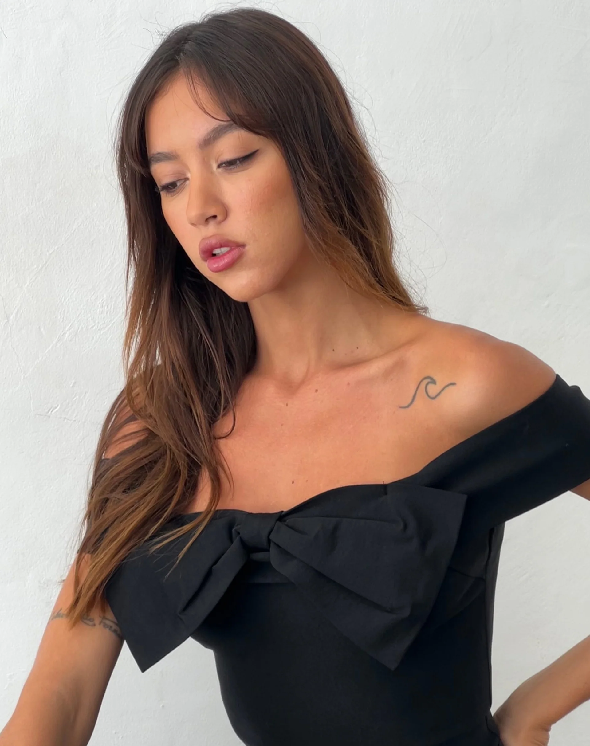 Naras Bow Front Bardot Top in Black Tailoring - Image 5