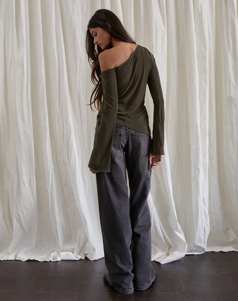 Narcissa Asymmetric Long Sleeve Top in Mesh Dark Olive - Image 4