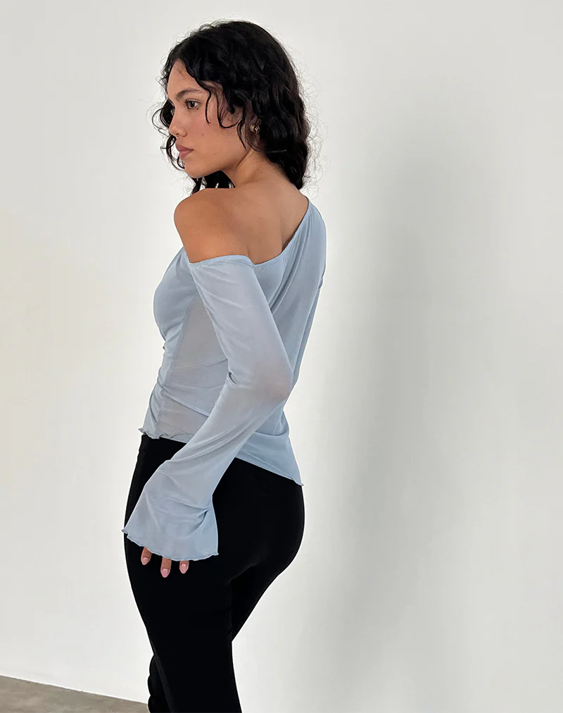 Narcissa Asymmetric Long Sleeve Top in Mesh Light Blue - Image 3