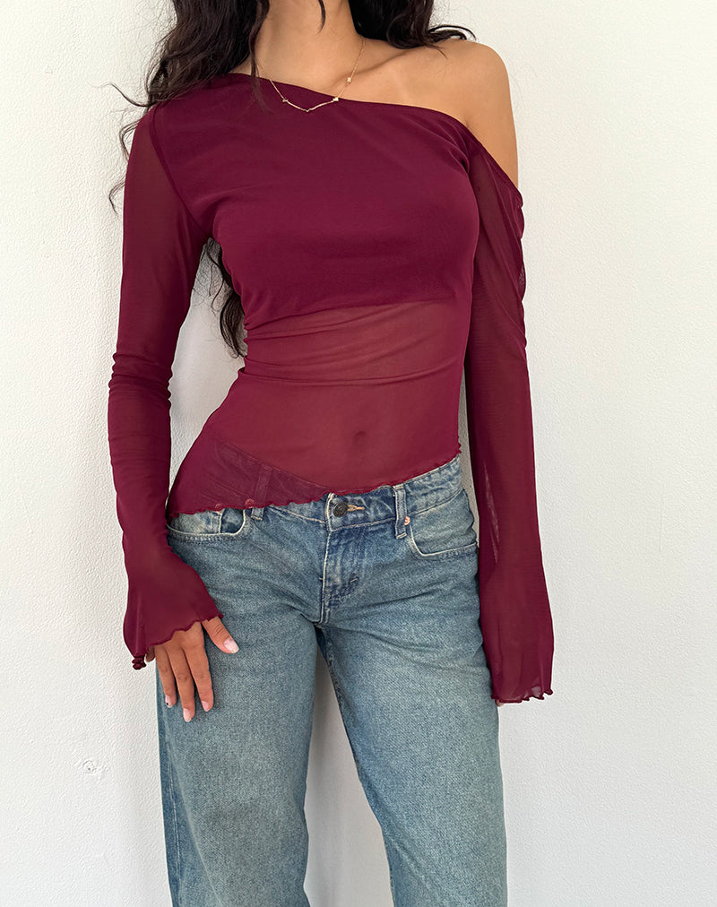 Narcissa Asymmetric Long Sleeve Top in Maroon - Image 2