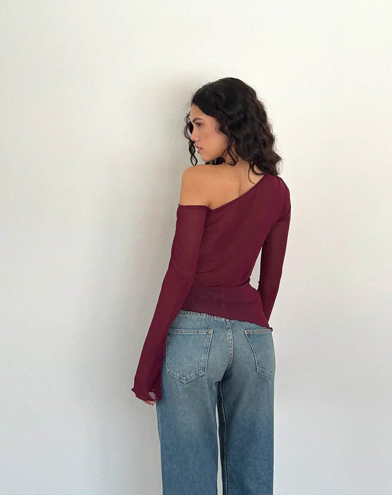 Narcissa Asymmetric Long Sleeve Top in Maroon - Image 3