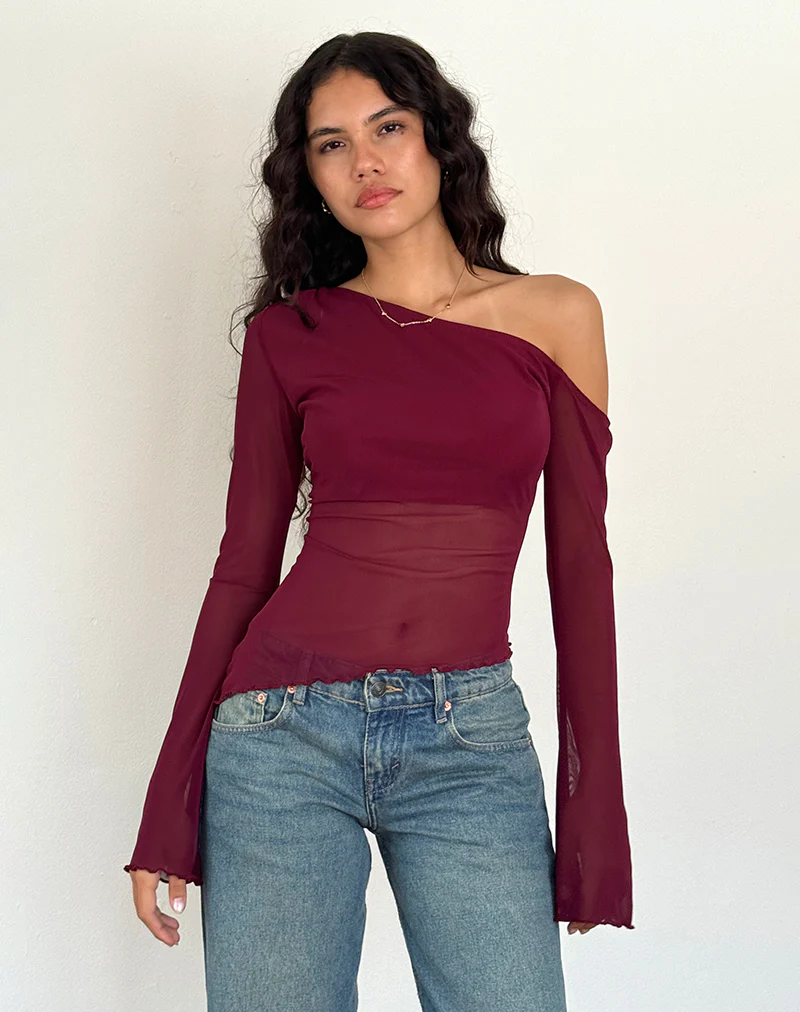 Narcissa Asymmetric Long Sleeve Top in Maroon - Image 5