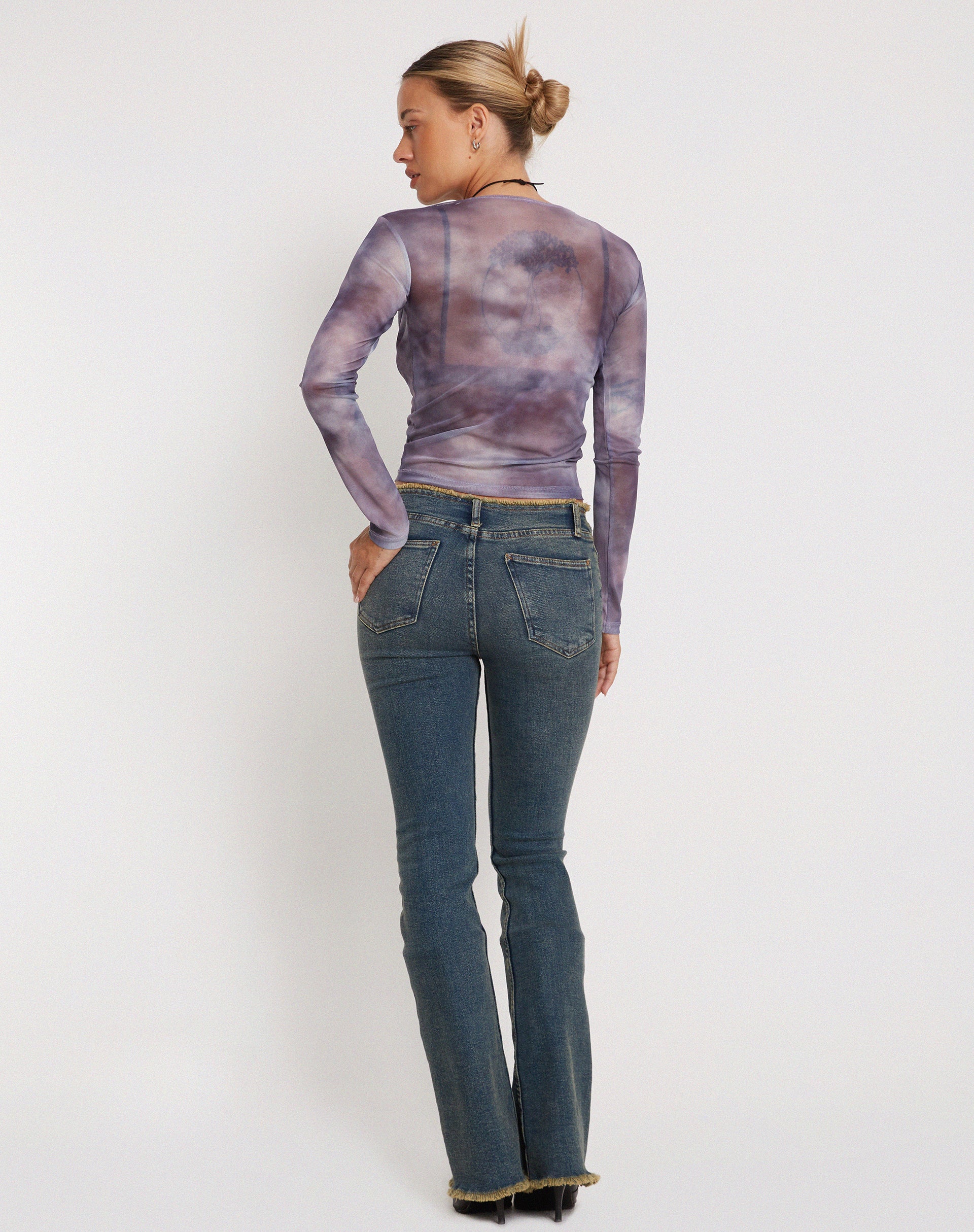 Narita Long Sleeve Mesh Crop Top in Smokey Gradients Purple - Image 4
